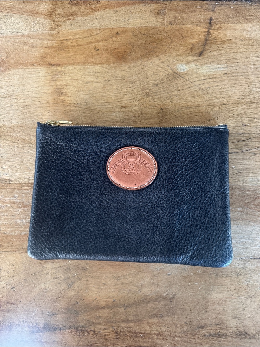 Ghurka Black Leather Toiletry Pouch with Tan Logo Patch